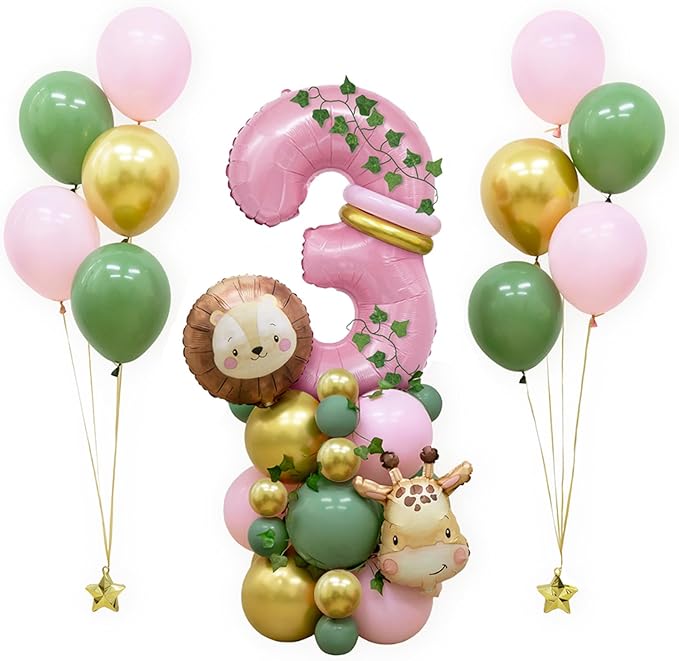 Jungle Safari Birthday Balloons, Pink Animal Balloons Birthday Party Supplies for Safari Birthday Wedding Shower Party Decorations (Number 3)