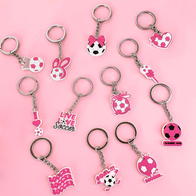 36 Pcs Pink Soccer Party Favors, Soccer Team Gifts for Girls Set Includes 12 Drawstring Goodie Bags, 12 Motivational Bracelets, 12 Keychains, Sports Birthday Party Supplies Decorations for Women