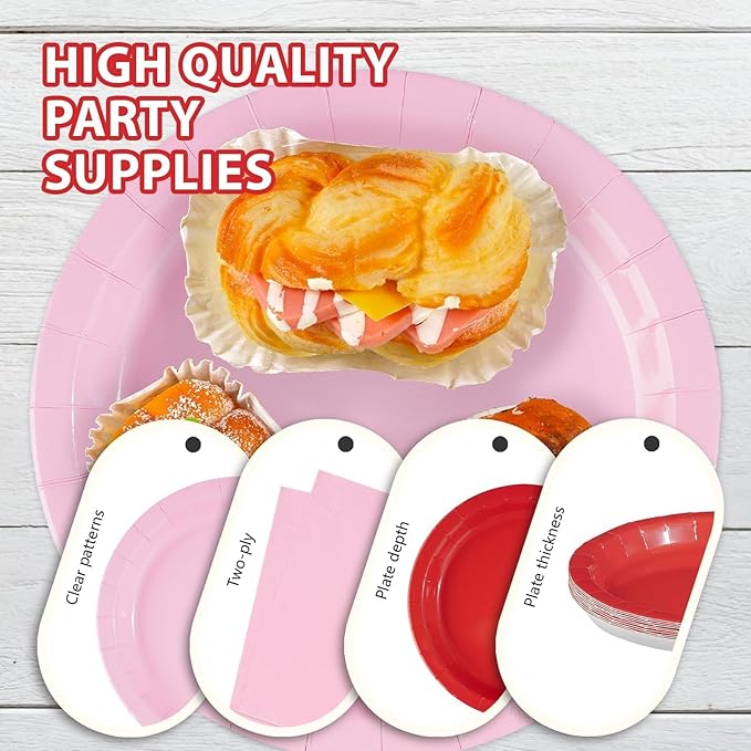 96Pcs Pink Red Birthday Party Decorations Red and Pink Plates and Napkins Disposable Solid Color Paper Tableware Set for Girls Women Birthday Mother's Day Bridal Shower Party Supplies Serves 24