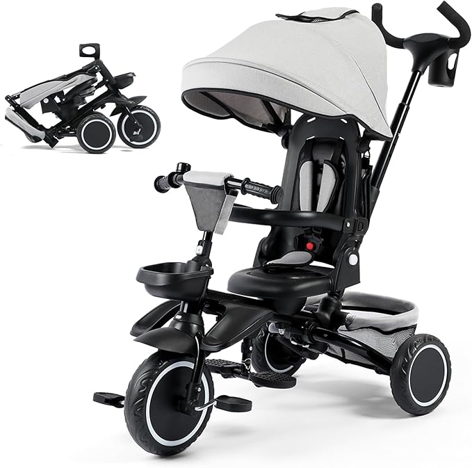 8 in 1 Kids Tricycle, Folding Toddler Tricycle w/Reversible Seat, Adjustable Push Rod & Canopy, Baby Trike Toddler Bike w/Bell, 5-Point Harness, Extra Storage, Cup Holder, Gray