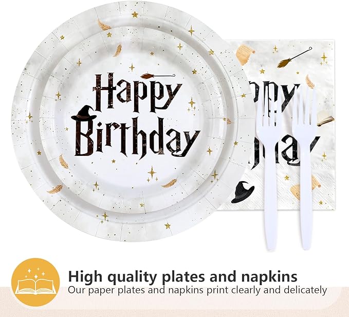 200 PCS Magical Wizard Party Supplies Happy Birthday Plates and Napkins Disposable Magic Theme Tableware Set for Kids Birthday Holiday Decorations, Serves 24