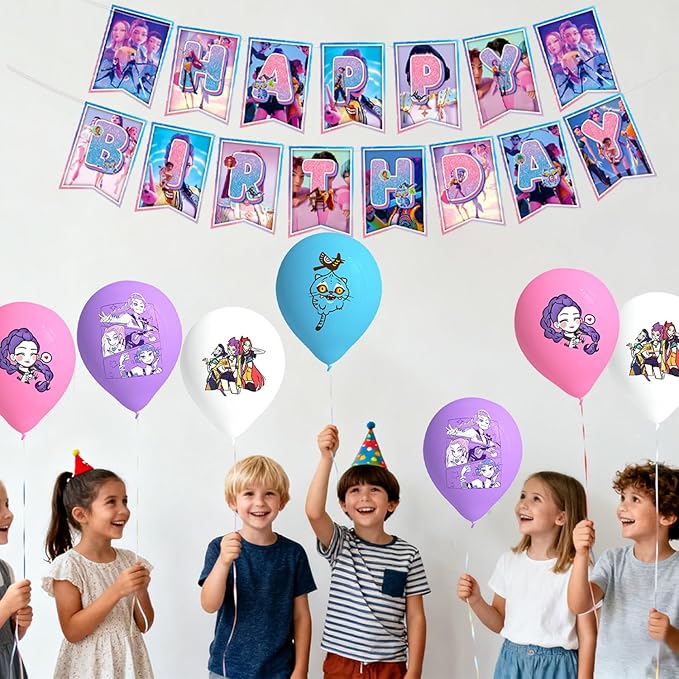 109pcs Kpop Demon Hunters Party Supplies Birthday Decorations Set Include Banner, Balloons, Stickers, Hanging Swirls, Cake Cupcake Toppers, Tablecloth for Boys Girls Demon Hunters Theme Party (Pink)