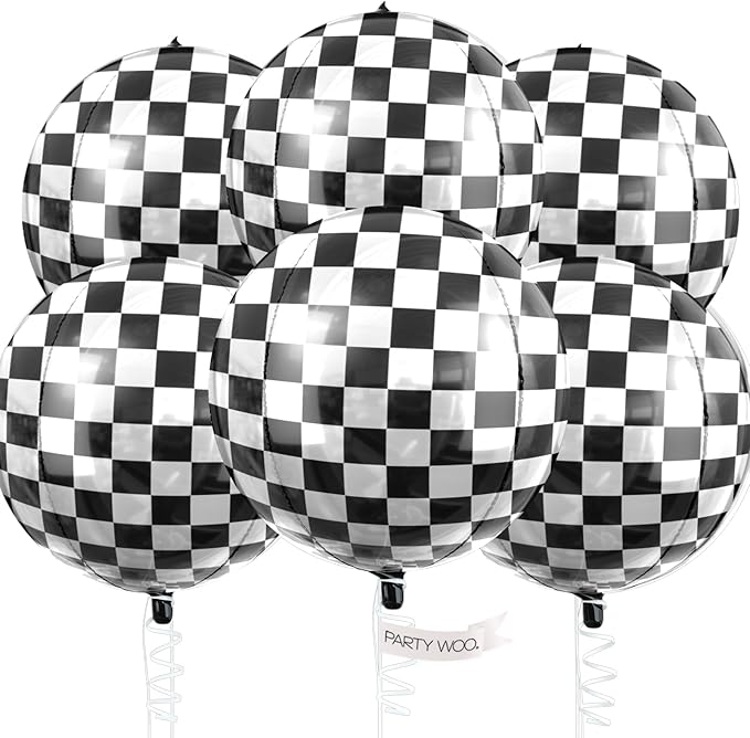 PartyWoo Checkered Foil Balloons 6pcs 22 Inch Large Round Foil Big Giant 4D Jumbo Inflatable Mirror Ball Mylar Balloons for Race Car Emo Checkered Themed Birthday Graduation Party Decorations