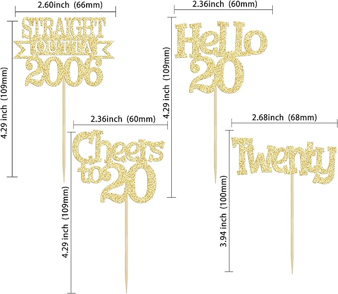 Ephlyn 24Pcs Happy 20th Birthday Cupcake Toppers Glitter Straight Outta 2006 Cupcake Picks Hello 20 Cheers to 20 Years Cake Decorations for 20th Birthday Anniversary Party Decorations Supplies Gold