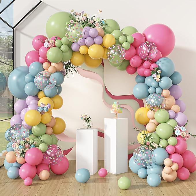 Amandir 153Pcs Spring Flower Balloons Arch Garland Kit Different Sizes 18 12 10 5inch Pink Green Yellow Dusty Blue Wildflower Balloons for Floral Baby in Bloom Shower Daisy Birthday Party Decorations