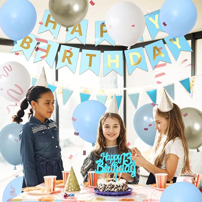 13th Birthday Decorations, Blue Happy Birthday Party Decorations With Teal Blue Number 13 Balloons Dusty Macaron Blue White Balloons Fringe Curtain Banner Cake Topper For Boy Girl Party Supplies