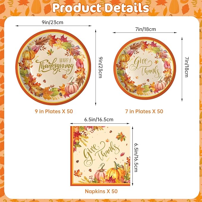 150 Pack Happy Thanksgiving Plates and Napkins Sets - Disposable Fall Paper Plates Napkins Dinnerware, Give Thanks Heavy Duty Dessert Dinner Plate for Thanksgiving Party Supplies Table Decor, Serve 50