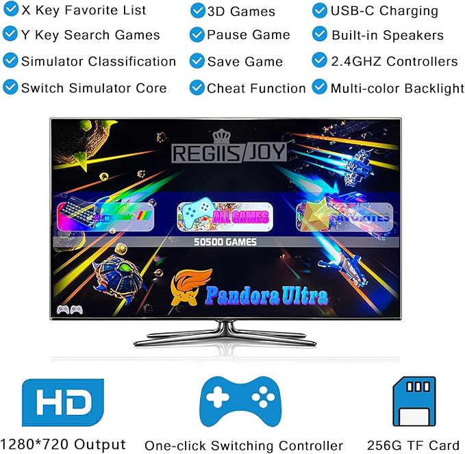 RegiisJoy 50000 in 1 Pandoras Box Ultra Arcade Game Console , Retro Game Machine for PC Projector 4K TV, 3D Games, Search/Save/Load/Pause Games, 256G TF, USB-C Charging