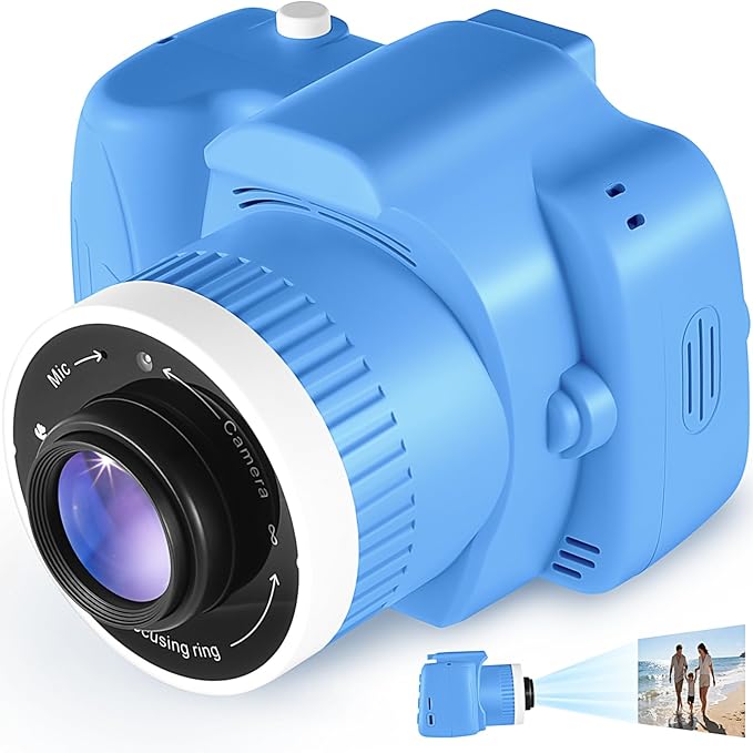 Kids Digital Camera with Video Games, Digital Camera for Kids Fhd 1080P, Kids Video Camera Digital Camcorder with Projector Stent for Gifts Blue