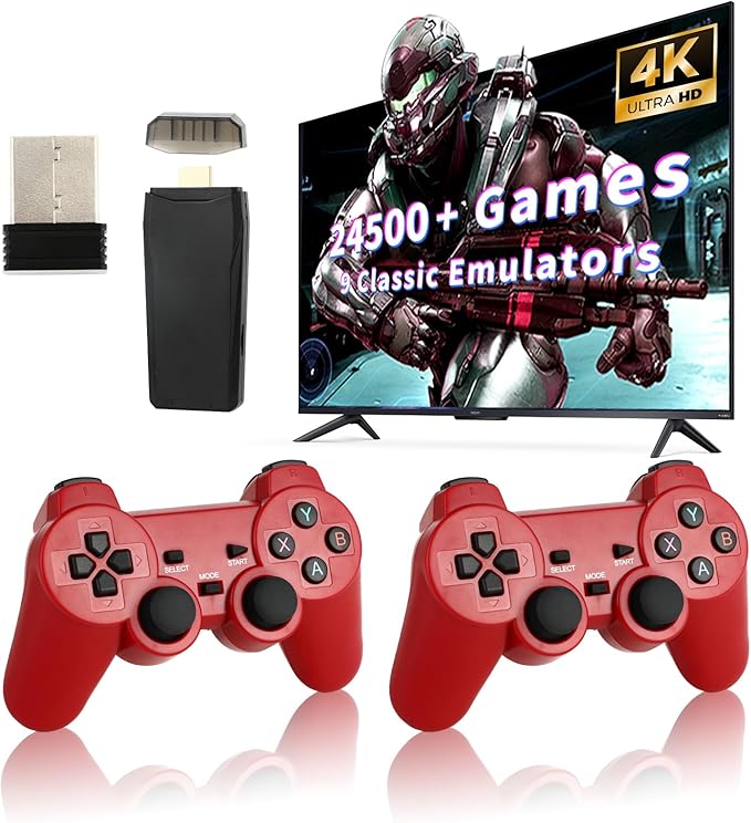 Retro Game Console, Wireless Retro Game Console, 24500+ Games Built-in, 4K HDMI Output, 9 Emulators, Dual 2.4GHz Wireless Game, Plug and Play Video TV Games, Deep Red