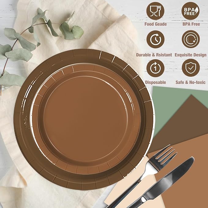 Oigco Woodland Baby Shower Decorations - 60 PCS Brown Sage Green Neutral Forest Animal Brown Plates and Napkins for Safari Jungle Baby Shower Decorations