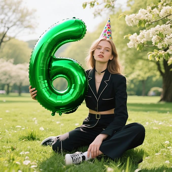 40 Inch Green Large Balloon Number 6 Balloon,Jumbo Mylar Foil Helium Balloon for 6 16 26 36 60 66 Birthday Digital Balloons for Birthday Party,Wedding Anniversary Party Decorations