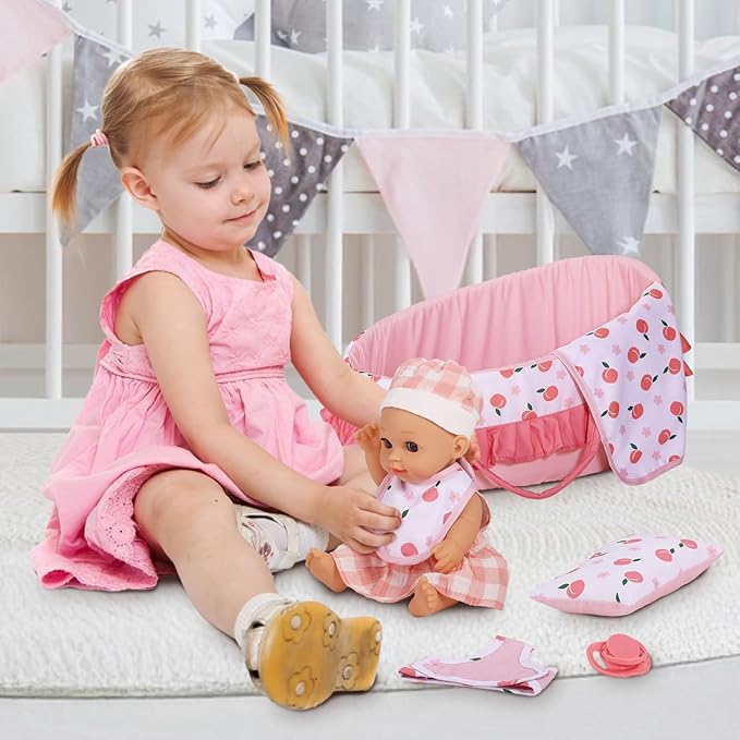 GAGAKU Baby Doll Bassinet Carrier, 12 Inch Baby Doll Accessories Set, Baby Doll Carrier Accessories for 12 Inch Baby Dolls, Including Magic Baby Bottle, Bib, Pacifier, Diaper