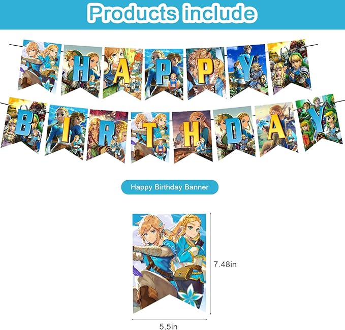 ELZEM 𝓩𝓮𝓵𝓭𝓪 Party Decorations,Legend Game Birthday Party Supplies Includes Banner- Cake Topper - 12 Cupcake Toppers - 18 Balloons, Blue
