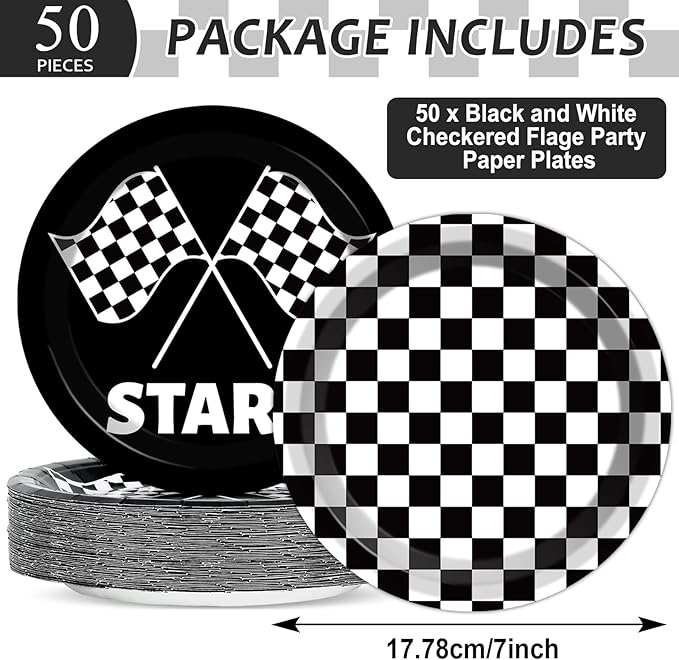 CHUNNIN 50 PCS Black and White Checkered Party Plates for Race Car Themed Party Decoration - 7 Inch Race Car Checkered Birthday Paper Disposable Dessert Plates for Kids Boys and Girls Party Supplies