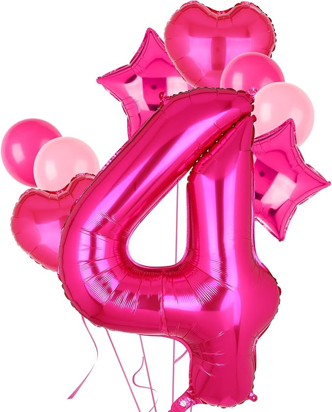 40 Inch Number Balloons Hot Pink 4 Large Number Balloon Anniversary Event Celebration Bachelorette Cowgirl Let's Go Girls Pink Themed 4th Birthday Party Decor Supplies 9 Pcs