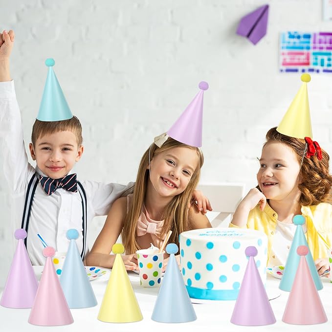 CHUNNIN 48pcs Rainbow Party Hats Pastel Rainbows Birthday Parties Supplies Macaron Cone Hat Happy Birthdays Paper Headwear with Pom Pom for Kids and Adults Baby Shower Bridal Shower Decorations Favors