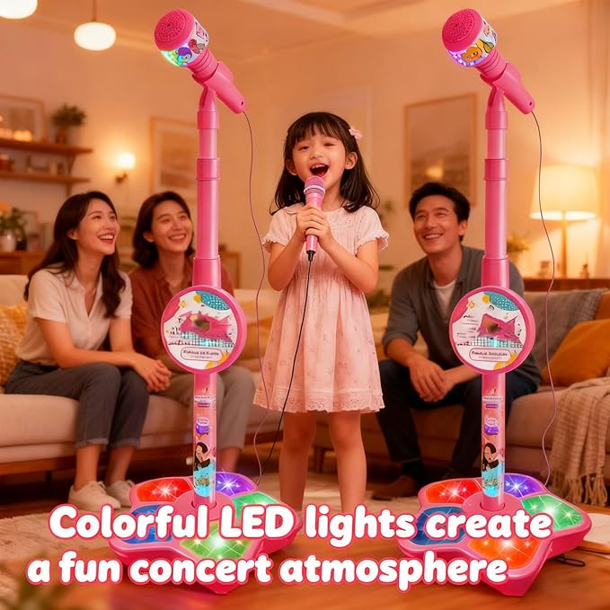 The Multifunctional Microphone Toy, Multi-Functional Microphone Toy with Adjustable Stand, Speakers and Lights, Compatible with Mobile Phones, for Christmas and Birthday (Black)
