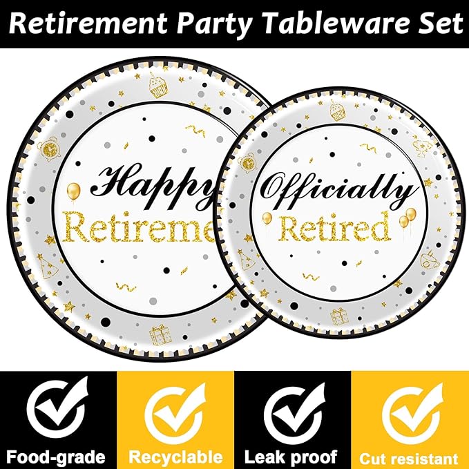 96 Pieces Happy Retirement Decorations Tableware for Men and Women - Dessert Plates, Napkins, Forks, Favors for 24 Guests