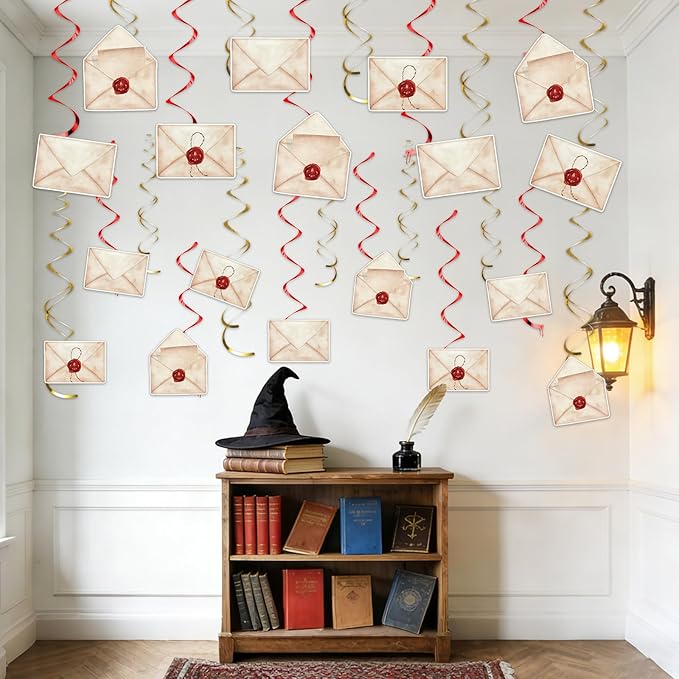 50 Pcs Magical Theme Party Hanging Swirls Acceptance Letter Hanging Streamers Vintage Envelopes Ceiling Swirls Decorations for Home Office Magical Theme Birthday Party Supplies