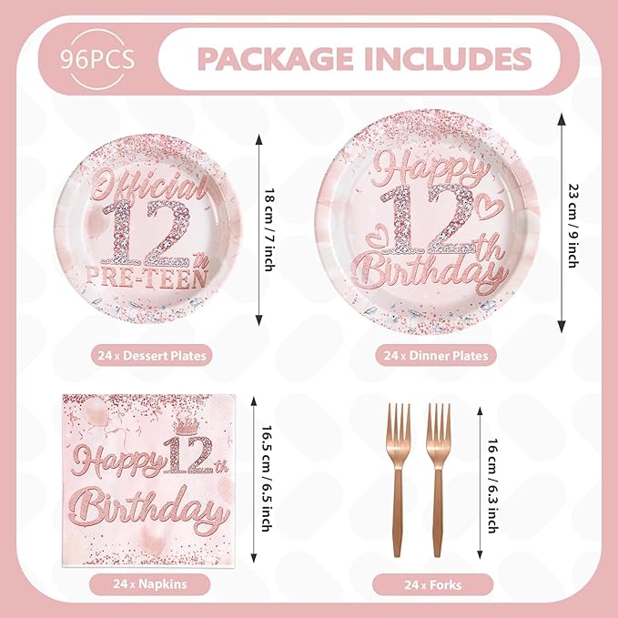 Grencian 12th Birthday Decorations Rose Gold 12th Birthday Plates and Napkins Disposable Rose Gold Official 12 Pre-Teen Paper Tableware Set for Girls 12 Year Old Party Supplies, Serves 24