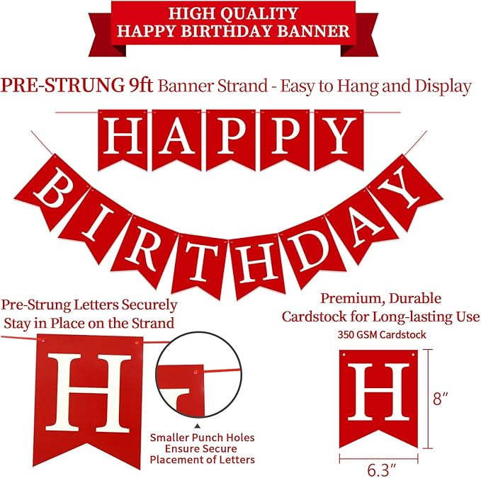 Red Birthday Decorations Kit - 16-Piece Set with Pre-Strung Happy Birthday Banner, Honeycomb Balls, Garland & Swirls | Red Theme Party Supplies for Women Girls Kids, Teens Adults