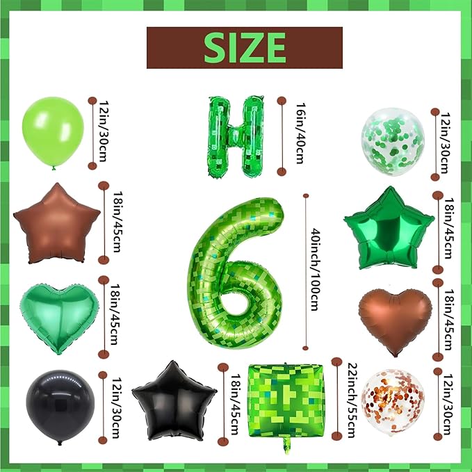 34Pcs Pixel Happy Birthday Party Decorations Set Green Pixel Miner Number 6 Foil Balloon Large Mylar Mining Theme 6th Number Balloons Video Game Party Supplies Cubes Boxes Decor