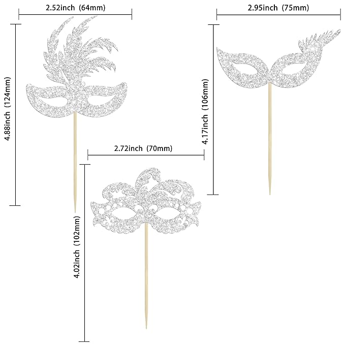 Gyufise 24Pcs Masquerade Masks Cupcake Toppers Silver Glitter Bachelorette Mask Cupcake Topper Mask Cake Picks Decorations for Masquerade Mardi Gras Party Baby Shower Birthday Party Supplies