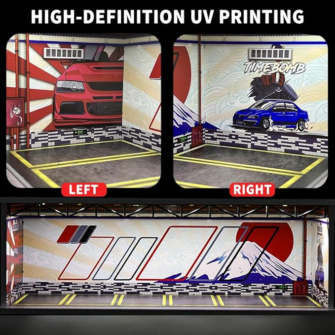 1/64 Scale Hot die-cast Wheels Model car scenarios Display case with LED Light and Acrylic Cover, Scenes Parking lot Diorama Storage Garage Box with 6 Parking Spaces (Fuji)