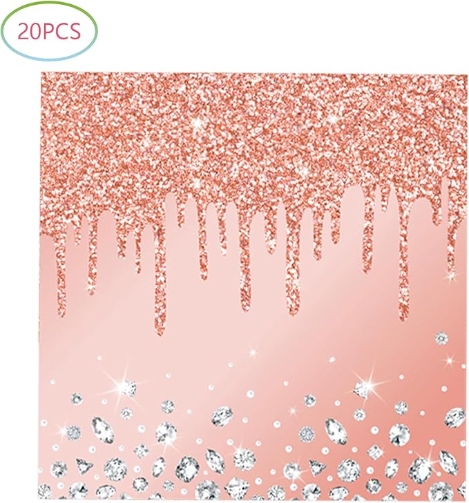 Pink Rose Gold Birthday Decorations, Dessert Plates and Napkins for Girls - Disposable Party Favors (20 Plates and 20 Napkins)