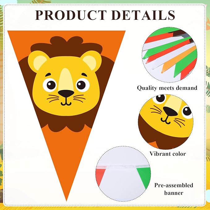 HESTYA 5 Pcs 49 Ft Safari Party Decorations Pennant Banner, Pre-Assembled Animal Print Jungle Theme Birthday Supplies, Large Triangle Flag Bunting Garland for Baby Shower Indoor Outdoor Hanging