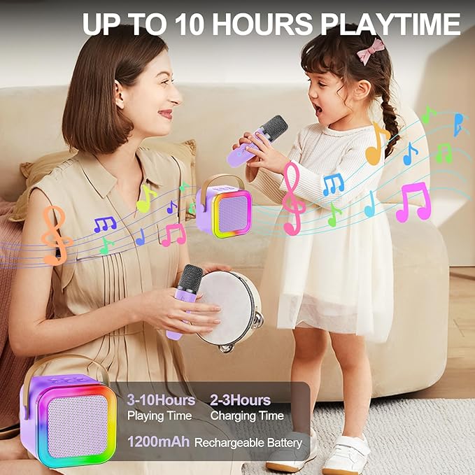 Mini Karaoke Machine for Kids & Girls with 2 Wireless Microphones, Portable Bluetooth Speaker, Christmas Birthday Gift Toy for Boys Toddlers Ages 3, 4, 5, 6, 7, 8, 9, 10, 11, 12+ Years Old (Purple -2)