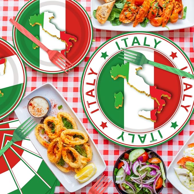 96 Pcs Italian Party Decorations, Italian Flag Plates and Napkins Party Supplies, Italian Theme Tableware Set, Red White and Green Party Decors Favors Disposable Dinnerware Serve 24 Guests