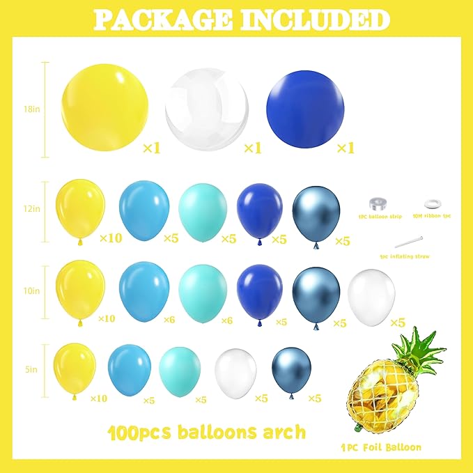 Cartoon Sponge Balloons Garland Arch Kit,Blue Yellow Balloons for Birthday Decorations,Pineapple Foil Balloon,Boys Girls Party Supplies