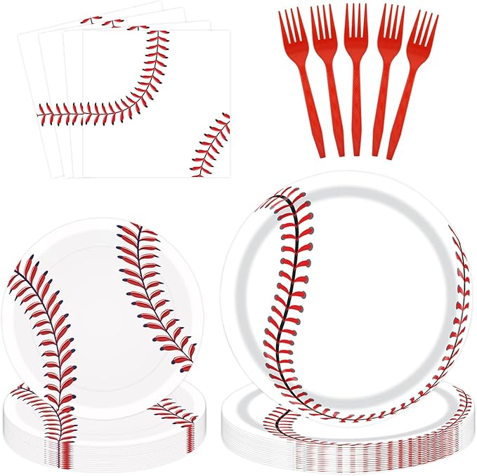 96 Pcs Baseball Paper Plates and Napkins Party Supplies, Baseball Party Plates Napkins and Forks Disposable Tableware Set for for Sports Theme Birthday Party Decorations Serves 24 (Baseball)