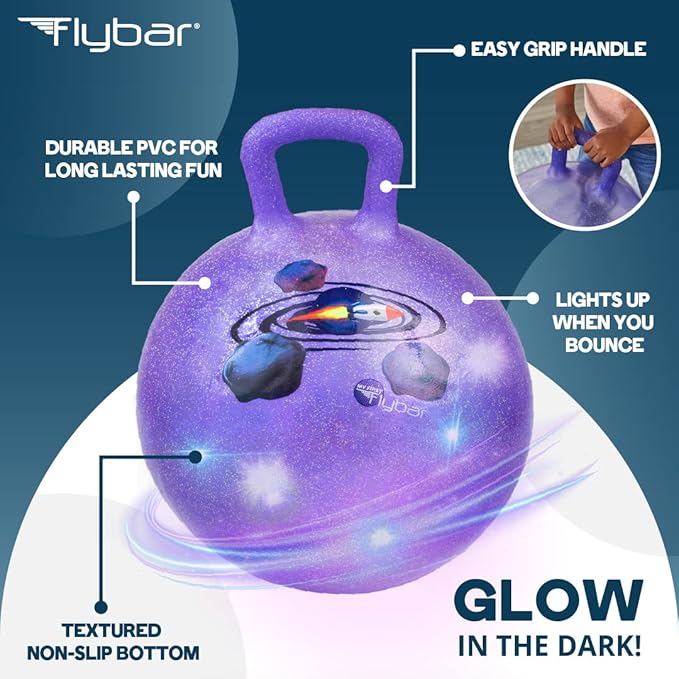 Flybar Hopper Ball for Kids, Inflatable Bouncy Ride-On Ball w/Handle for Indoor & Outdoor Active Play, Includes Pump, Jump Ball Toy for Boys & Girls, Supports Up to 165 lbs, Ages 3+, 18-Inch, Small