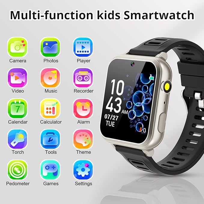 Kids Smart Watch Boys with 39 Puzzle Games HD Touch Screen Camera Music Player Pedometer Alarm Clock Calculator Flashlight 12/24 hr Gift for 4-12 Year Old Boys Toys