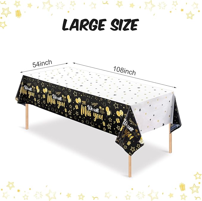Tatuo 3 Pieces We Will Miss You Tablecloth Going Away Party Decorations Retirement Themed Table Cover Stars Disposable Plastic Table Cloth for Farewell Anniversary Party Supplies (Gold)