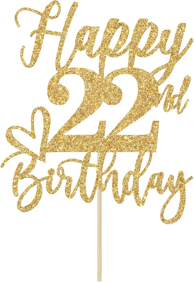 Gold Glitter Happy Birthday Cake Topper, Funny 22nd Birthday Party Supplies