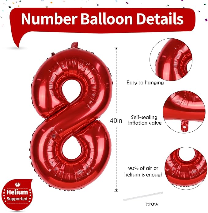 40 Inch Red 8 Balloons Number, Big Self Inflating Foil Girls 8th Birthday Balloon for Boys Women 18th Happy Birthday Party Decoration Anniversary Graduation Celebration Christmas for Men Supplies