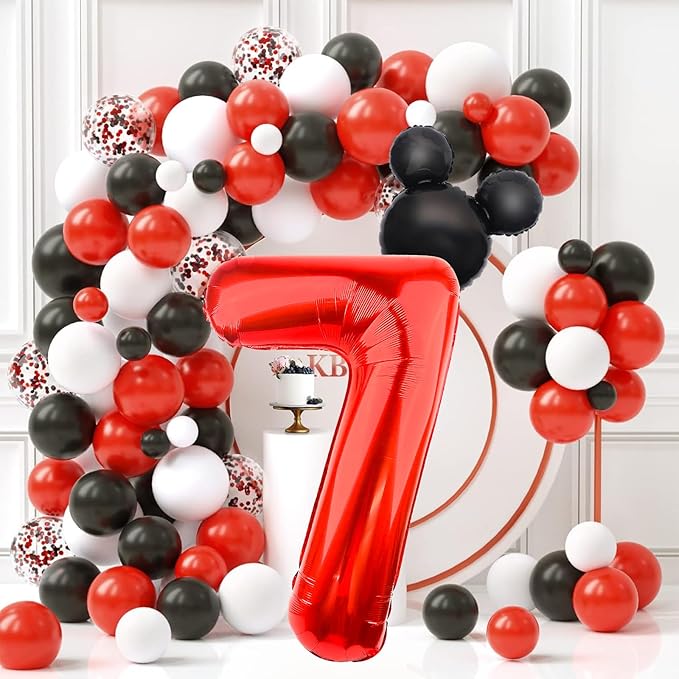Mouse Number 7 Balloon 40 Inch Red Number 7 Balloon Mini Mouse Head Balloon for 7th Birthday Party, Black Red Large Number 7 Foil Balloon for Baby Shower Anniversary Supplies Decorations