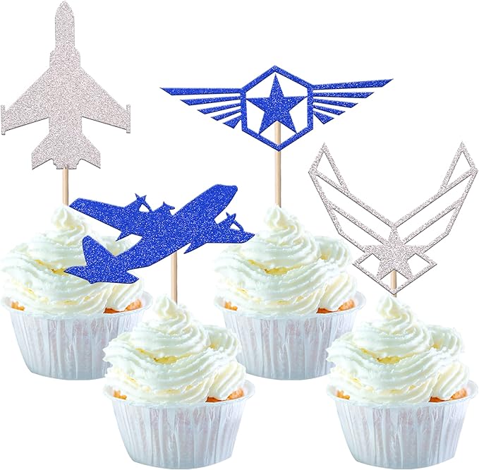 24 Pack Air Force Cupcake Toppers Glitter Military Emblem Airplane Cupcake Picks for Army Navy Airplane Theme Kids Birthday Cake Decorations Party Supplies Blue Silver