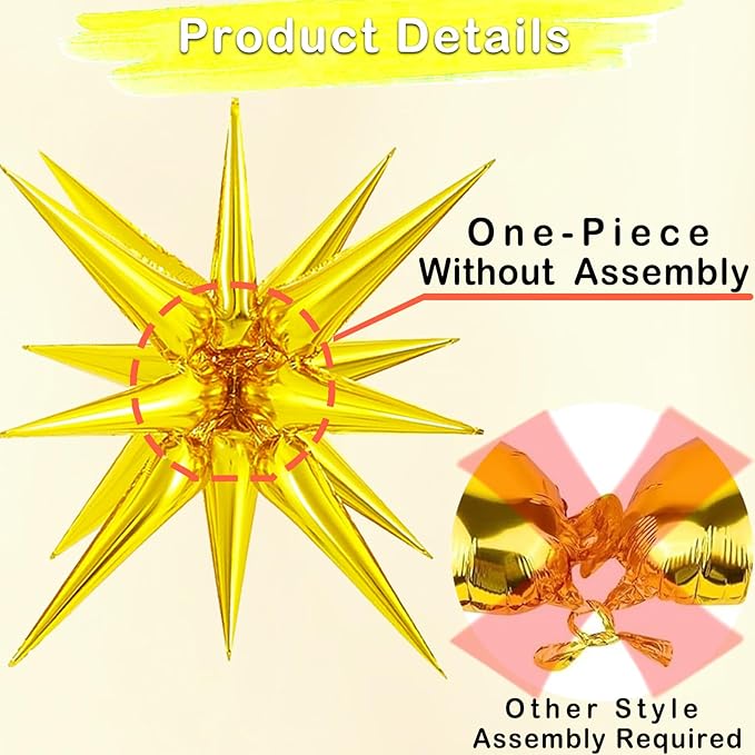 20 Pcs 27"22" Explosion Star Foil Balloons - 12 Point and Four Pointed Gold Spike Balloons for Party Supplies, Christmas, Birthday, Wedding, Photo Booth (Gold)