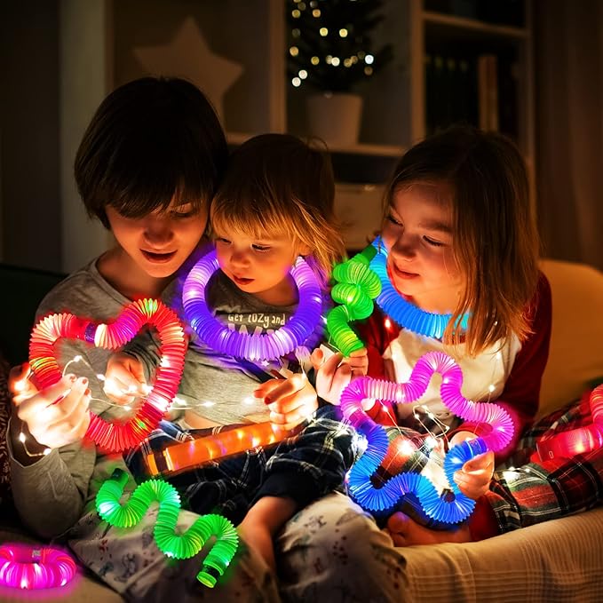 Easter Basket Stuffers for Toddlers-6 PCS Light Up Pop Tube Toys Gifts for Kids,LED Glow Stick Bracelet Necklace Party Accessories,Fun Outdoor Camping Essentials Games Activities for Boys Girls
