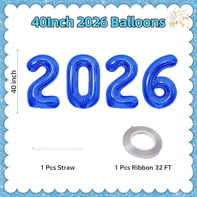 KALOR 42 Inch 2026 Dark Blue Foil Mylar Number Balloons, 2026 New Years Decorations for 2026 Happy New Year Eve and Graduations Party Supplies