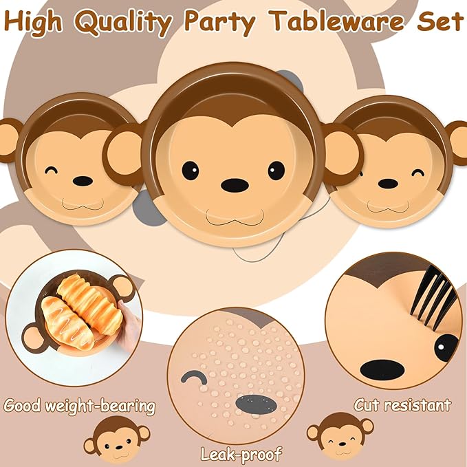 50 Count Monkey Paper Plates Zoo Monkey Shaped Disposable Party Supplies Jungle Safari Party Cake Dessert Plate Animals Theme Dinnerware for Gender Reveal Boy Girl Baby Shower Birthday Decorations