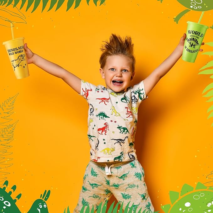 Mifoci 12 Pcs Dinosaur Party Favor 24 oz Plastic Cup with Lids and Straws Set Kids Reusable Dinosaur Cup Decorations for Beverage Birthday Party Dino Supplies (Colorful)