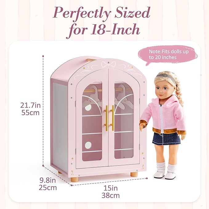 ROBOTIME 18 Inch Doll Closet, Wooden Doll Furniture Wardrobe with Mirror & Hangers, Pink Doll Clothes Storage Armoire, Doll Furniture for 18 Inch Dolls