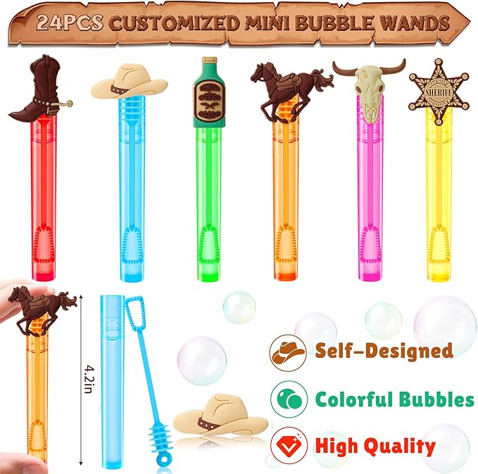 Winrayk Western Cowboy Party Favors, 24Pcs Self-designed Mini Bubble Wands for Kids Bubbles Bulk & Detachable Topper (6 Styles & Colors), Birthday Gift Pinata Filler Goodie Bag Stuffer Classroom Prize