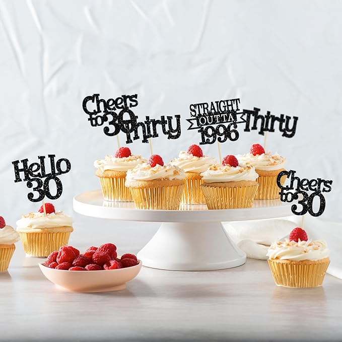 Ephlyn 24Pcs Happy 30th Birthday Cupcake Toppers Glitter Thirty Cupcake Picks Hello 30 Cheers to 30 Years Cake Decorations for 30th Birthday Anniversary Party Decorations Supplies Black
